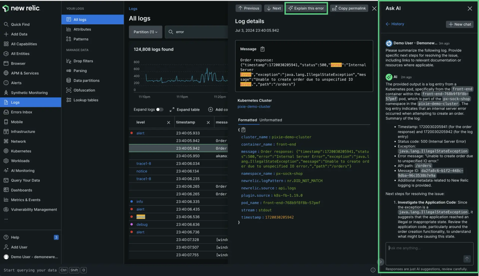 New Relic AI assistant analysing log errors inside the New Relic UI