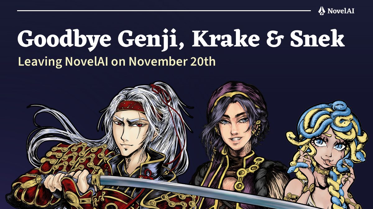 NovelAI banner announcing that the Genji, Krake and Snek text models leave the site on 20 November