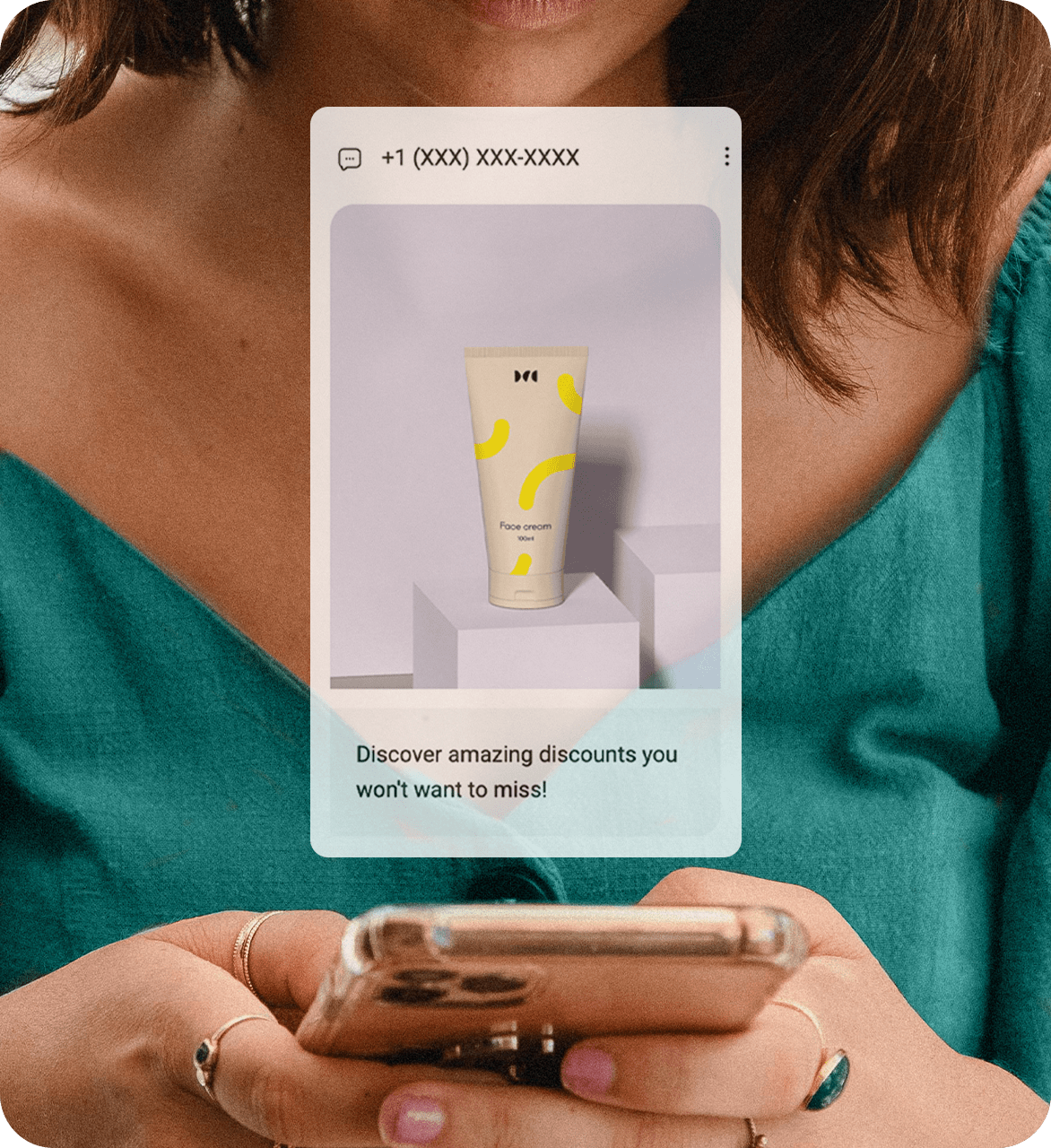 Omnisend SMS promotional message shown as a phone preview
