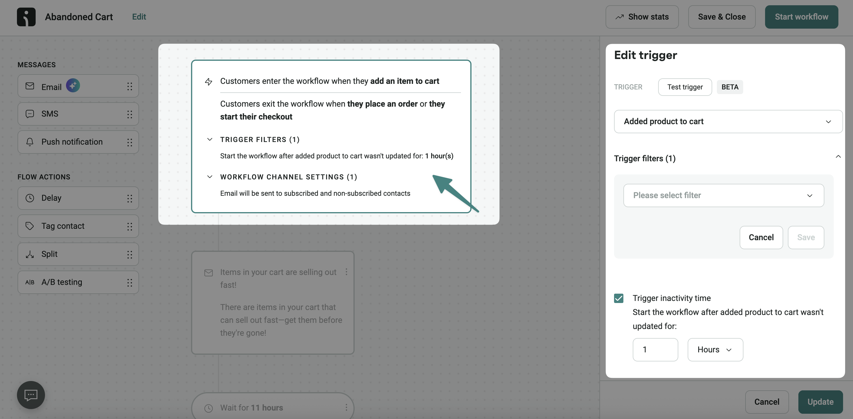 Omnisend automation workflow settings panel with trigger, delay and exit conditions