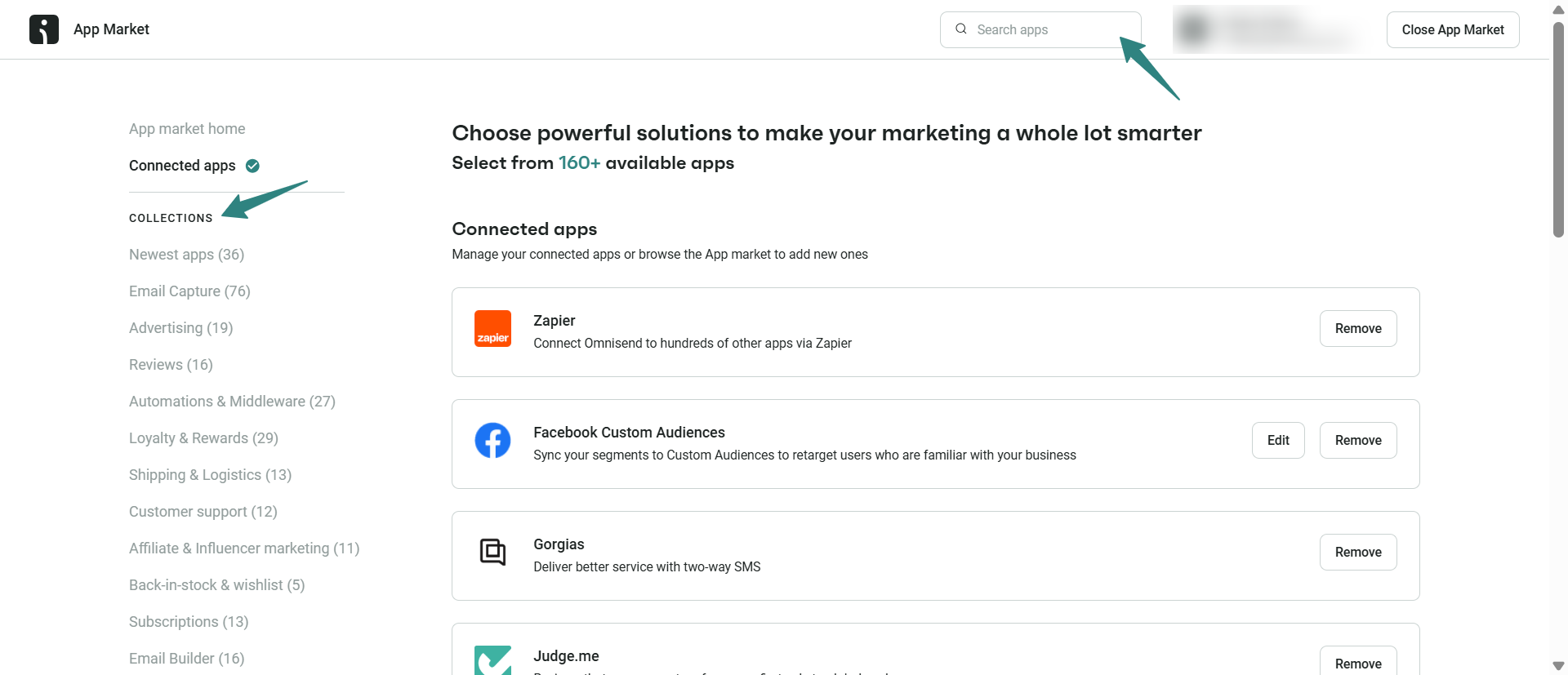 Omnisend App Market listing third-party integrations by category
