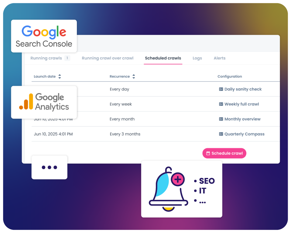 OnCrawl scheduled crawls screen with daily, weekly, monthly and quarterly crawl jobs