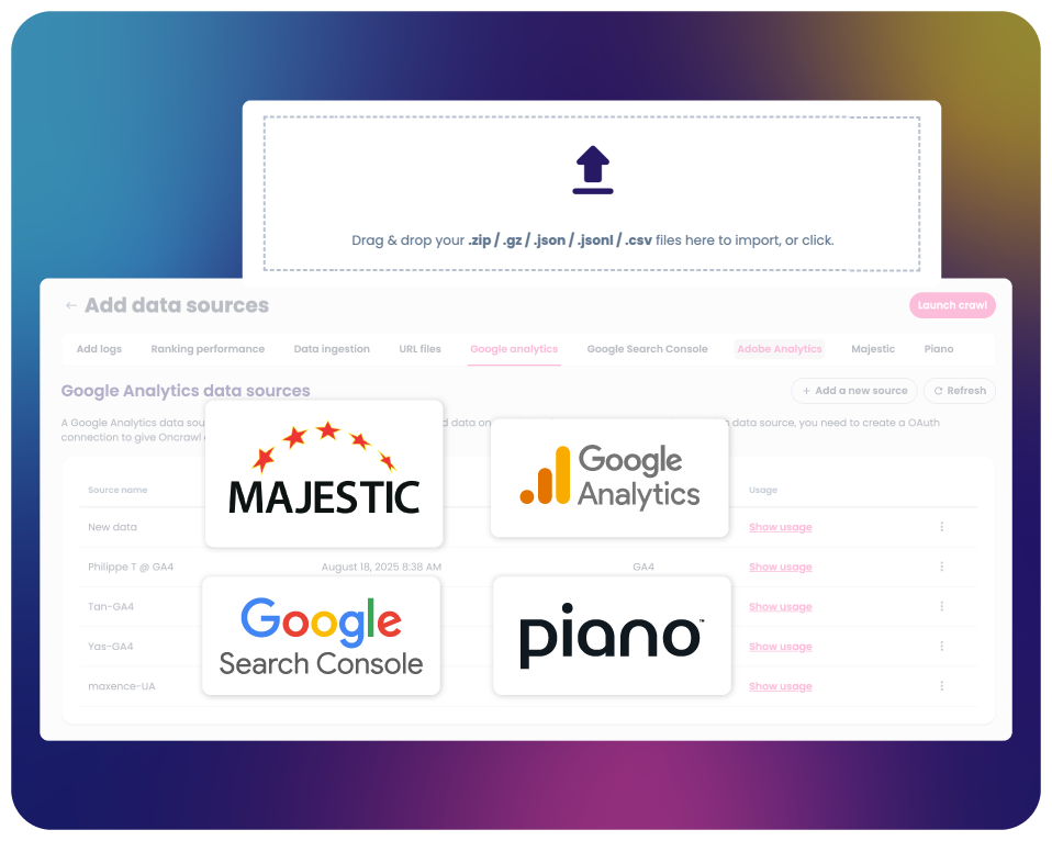 OnCrawl add data sources screen with log upload, Search Console, Google Analytics, Majestic and Piano