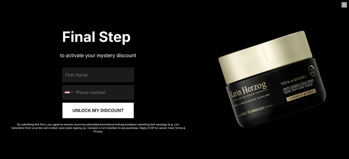 Final step of the OptiMonk mystery-discount popup on the Karin Herzog store, revealing the discount code