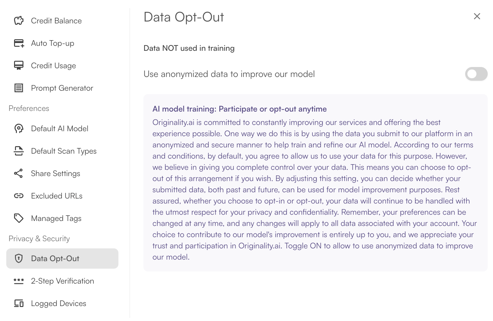 Originality.ai Account and Settings Data Opt-Out panel with the toggle for using data to improve the model switched off