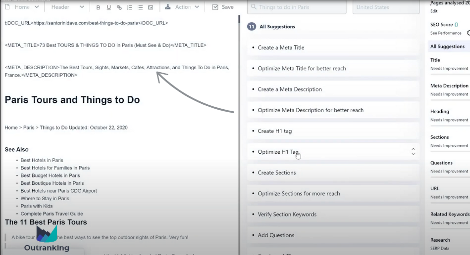 Outranking real-time SEO scoring panel grading a draft against on-page factors