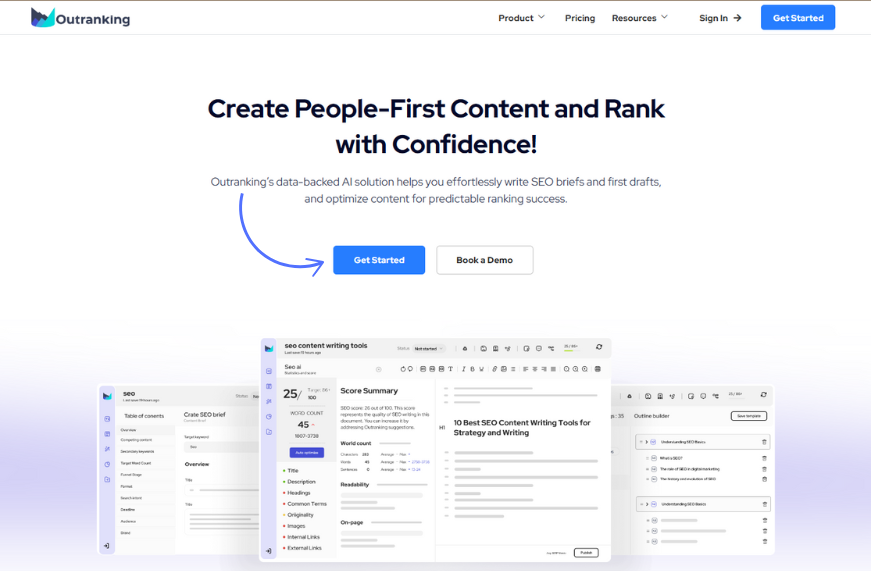 Outranking marketing homepage summarizing its AI SEO writing workflow