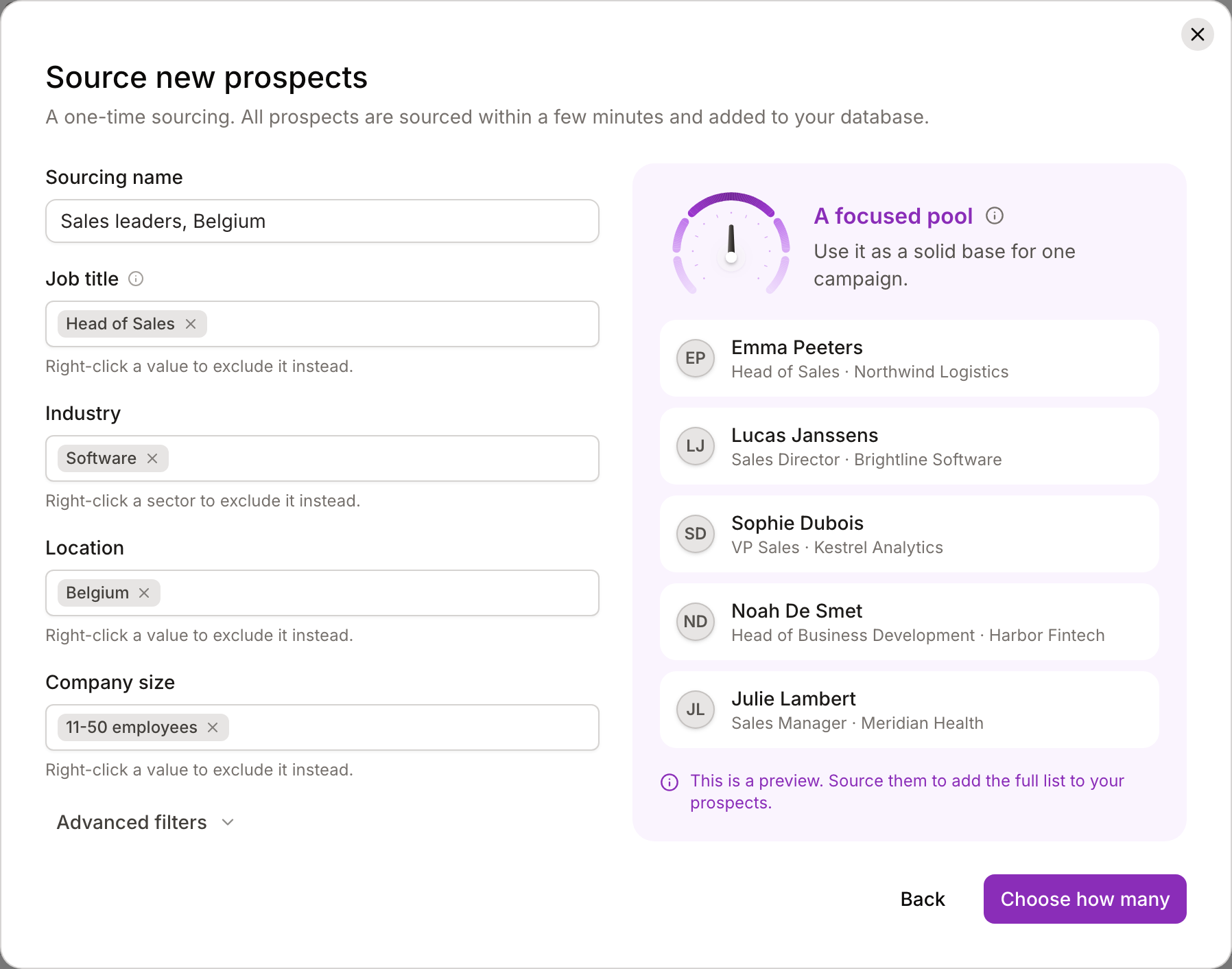 Overloop prospect sourcing filters for job title, industry, location and company size with a preview of matches
