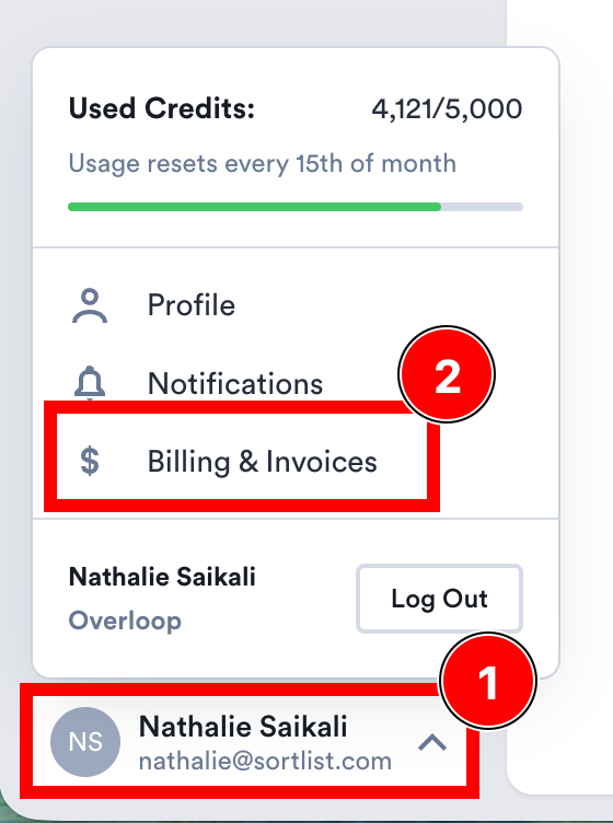Overloop account menu showing 4,121 of 5,000 credits used and the monthly usage reset date