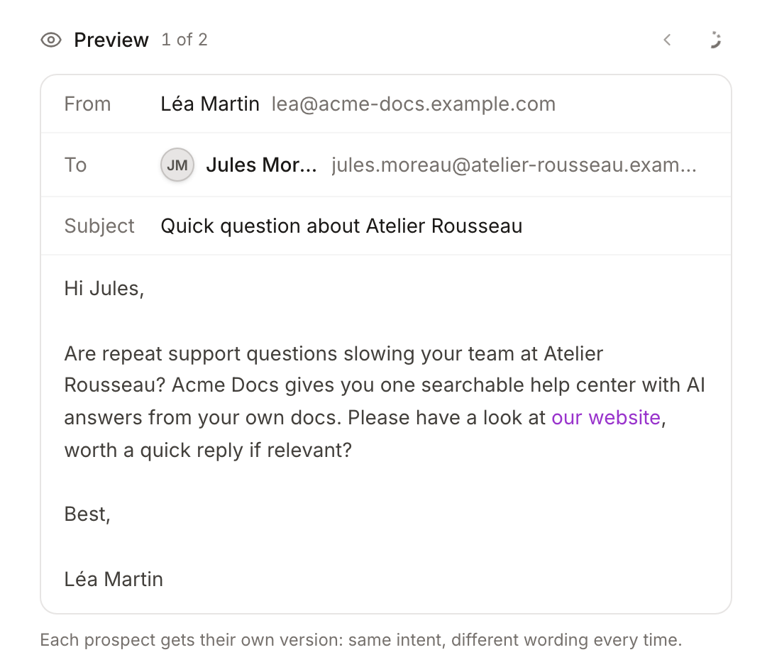 AI-written example outreach messages previewed in Overloop before a campaign launches