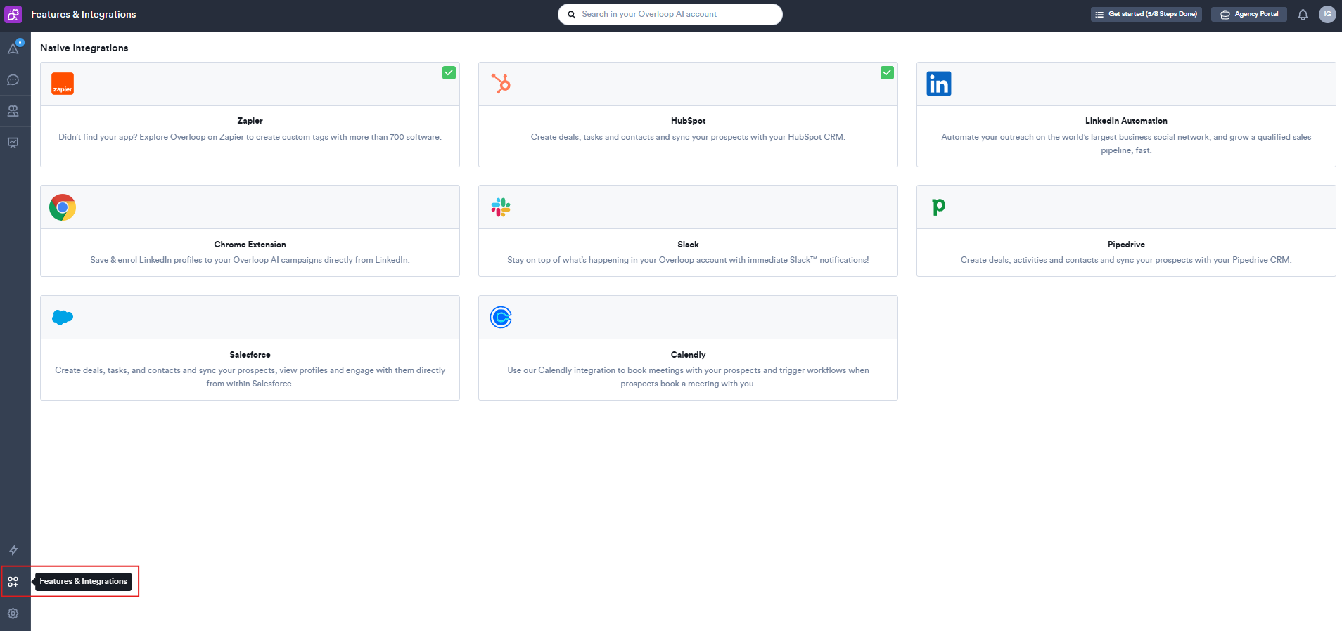 Overloop integrations page listing HubSpot, Pipedrive, Salesforce, Zapier, Slack and Calendly
