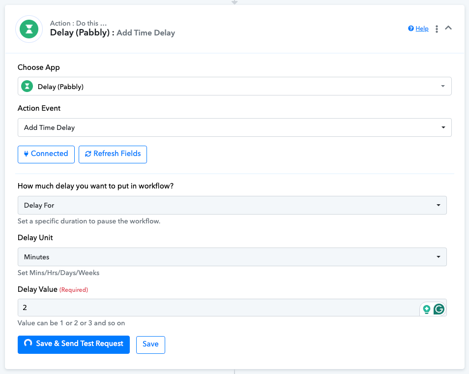 Pabbly Connect step editor configuring a Delay (Pabbly) Add Time Delay action
