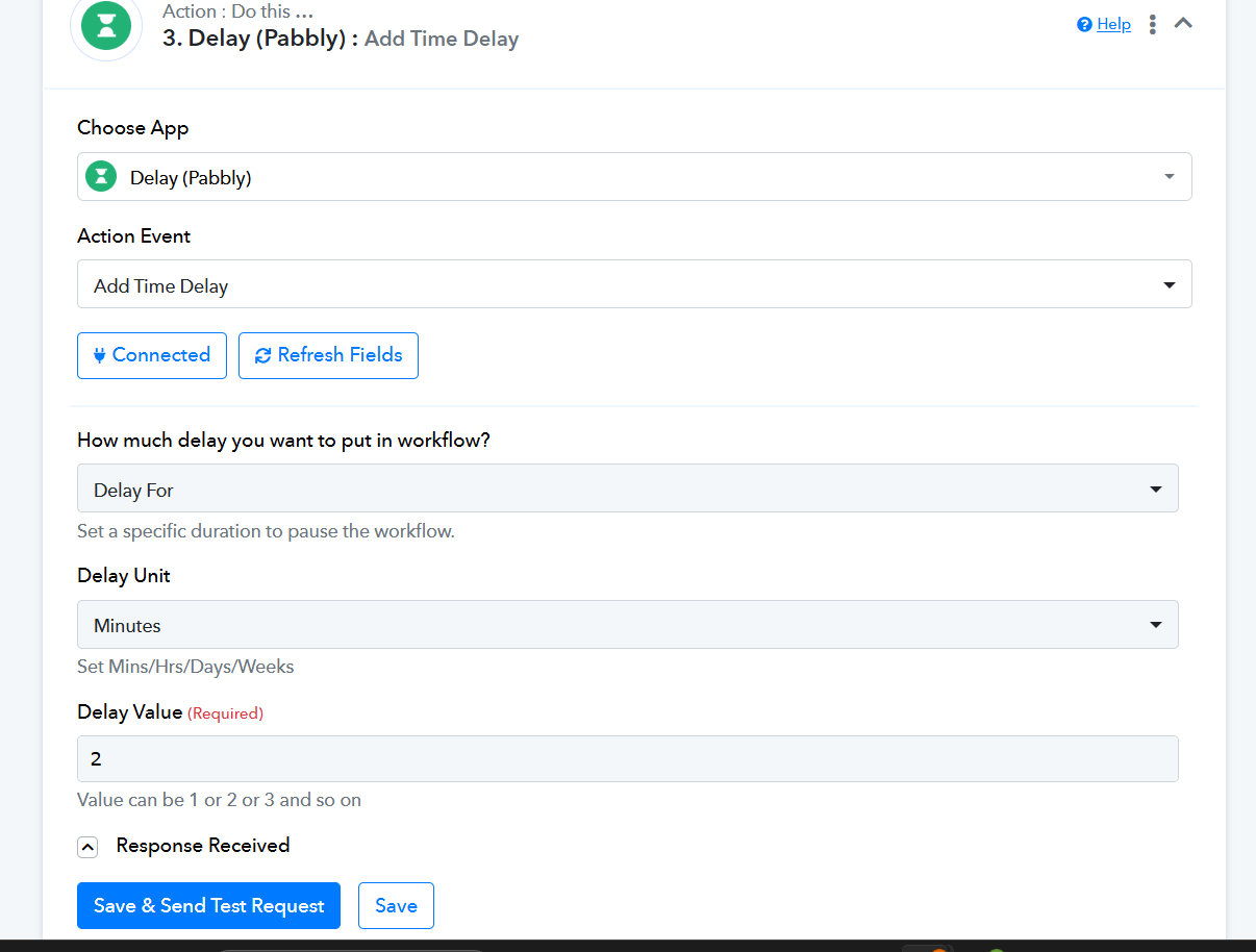 Pabbly Connect builder showing the Response Received panel after testing a workflow step