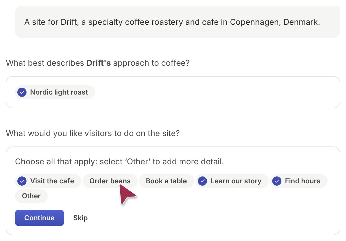 Pagecloud AI Site onboarding interview asking the user to describe their business