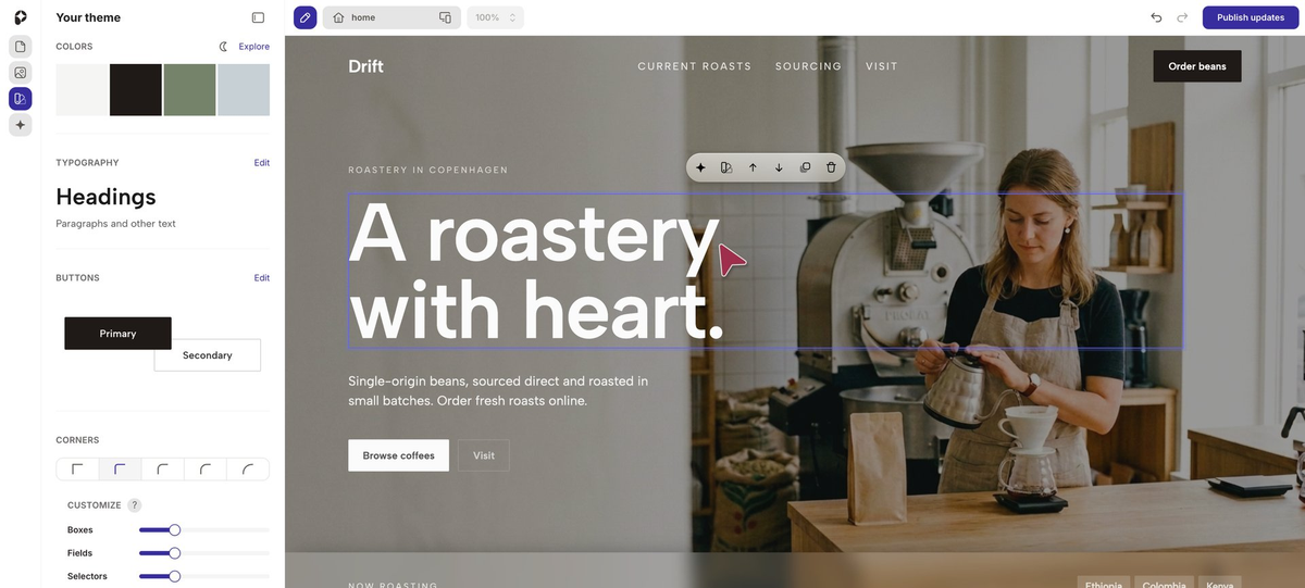 Pagecloud AI Site editor with the Ask Paige assistant, theme and pages panels