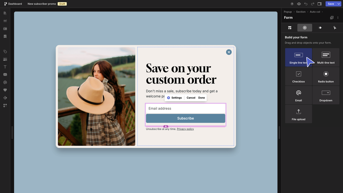 Pagecloud popup editor designing a sign-up popup, a feature capped by monthly popup impressions on each plan