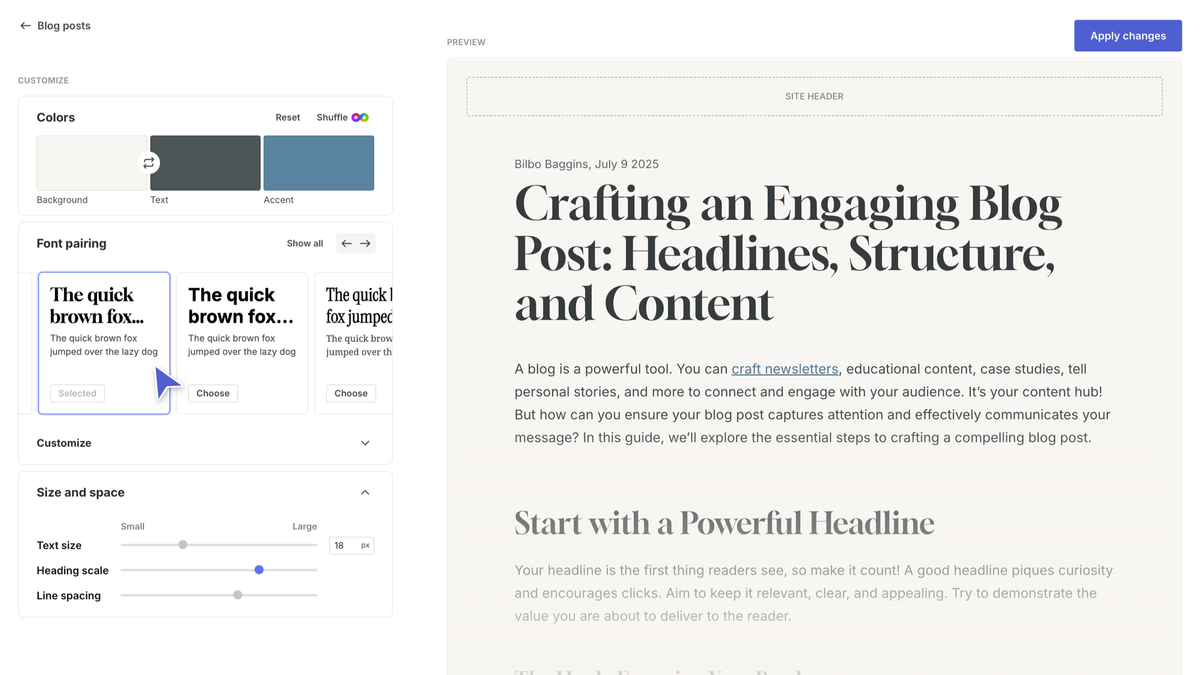 Pagecloud blog theme editor showing the layout of a blog post page
