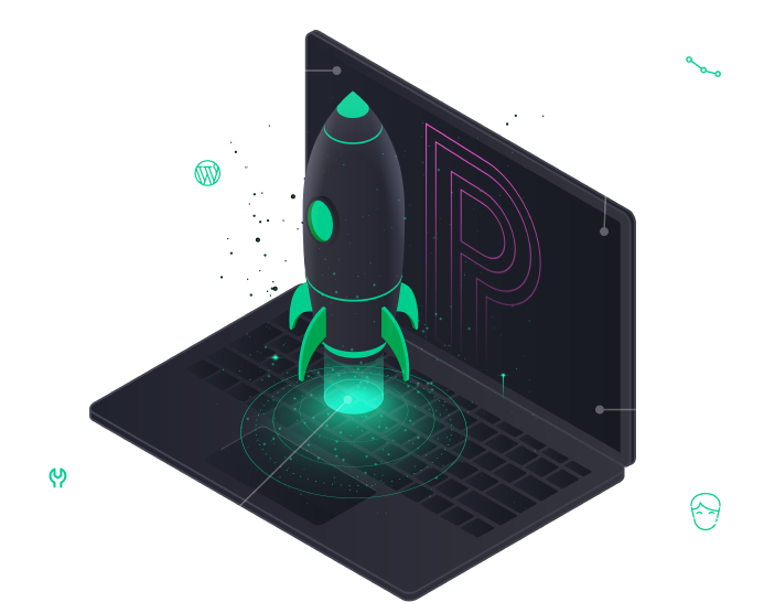 Pagely illustration of a rocket launching from a laptop, from its plans and pricing page