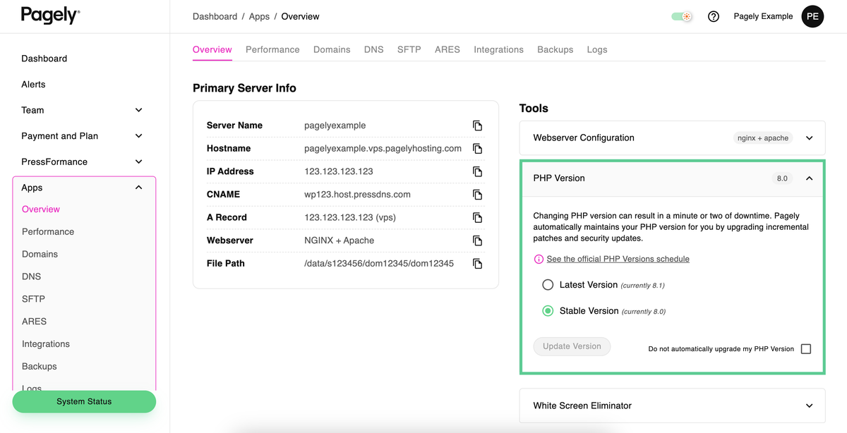 Pagely Atomic control panel app overview showing server info and the PHP version selector