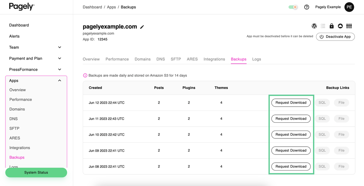 Pagely Atomic Backups tab listing nightly backups stored on Amazon S3 for 14 days, with Request Download buttons