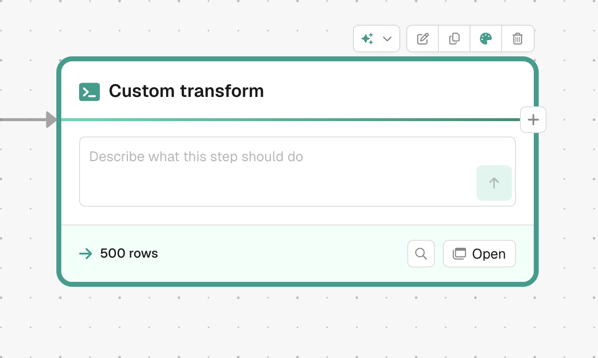 Prowork custom transform step on the Flow canvas with a plain-language prompt box
