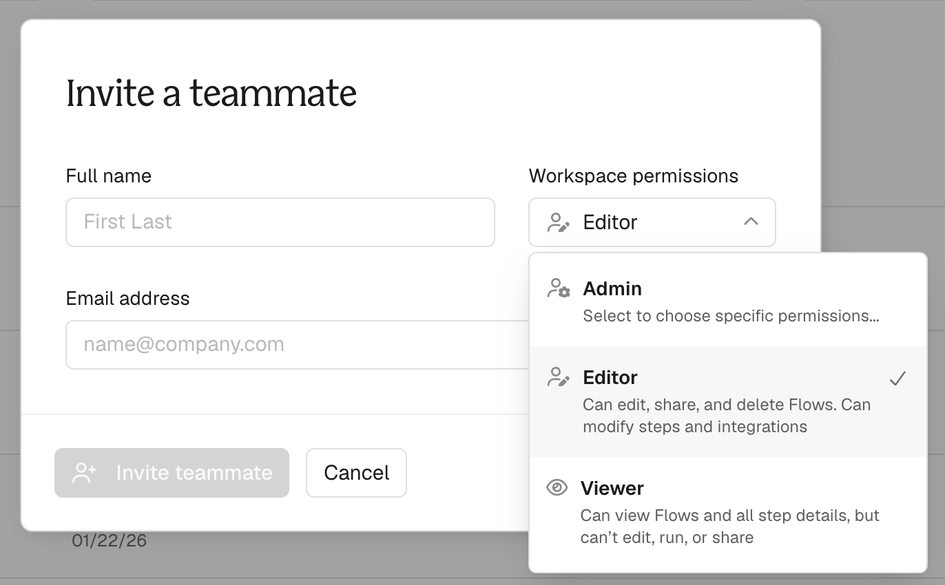 Prowork invite-teammate dialog with Admin, Editor and Viewer roles