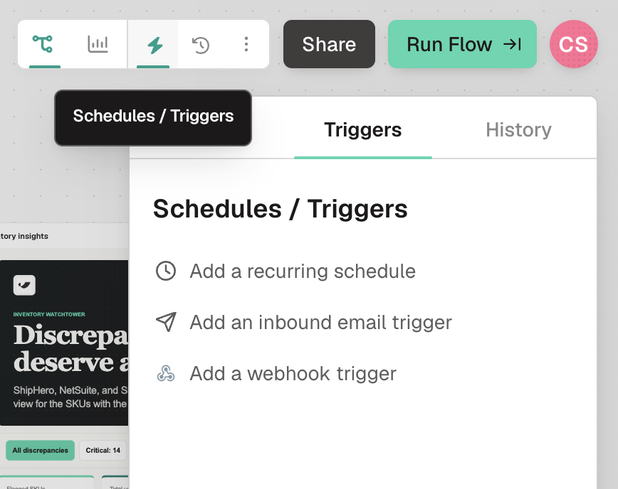Prowork schedules and triggers panel with recurring schedule, inbound email and webhook options