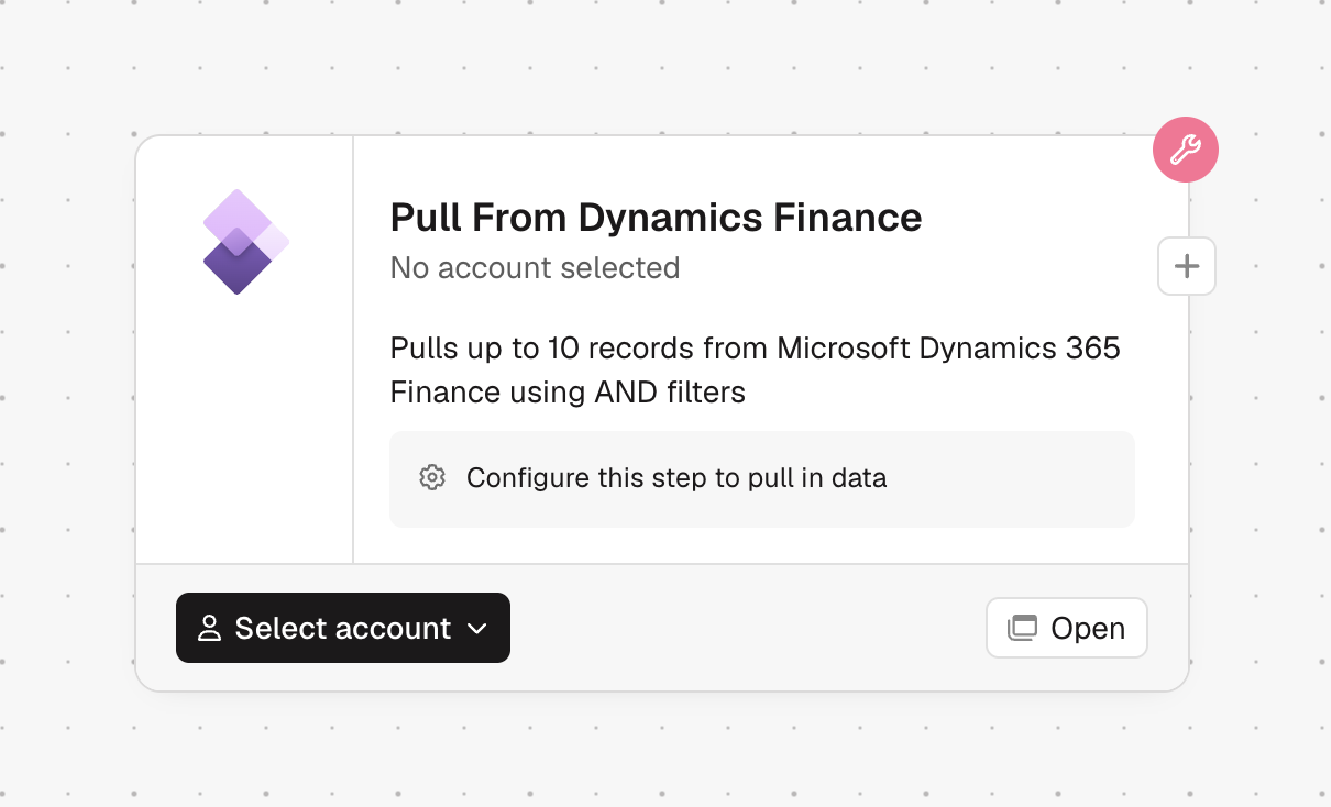 Prowork integration step opened on the canvas showing its description and sample columns