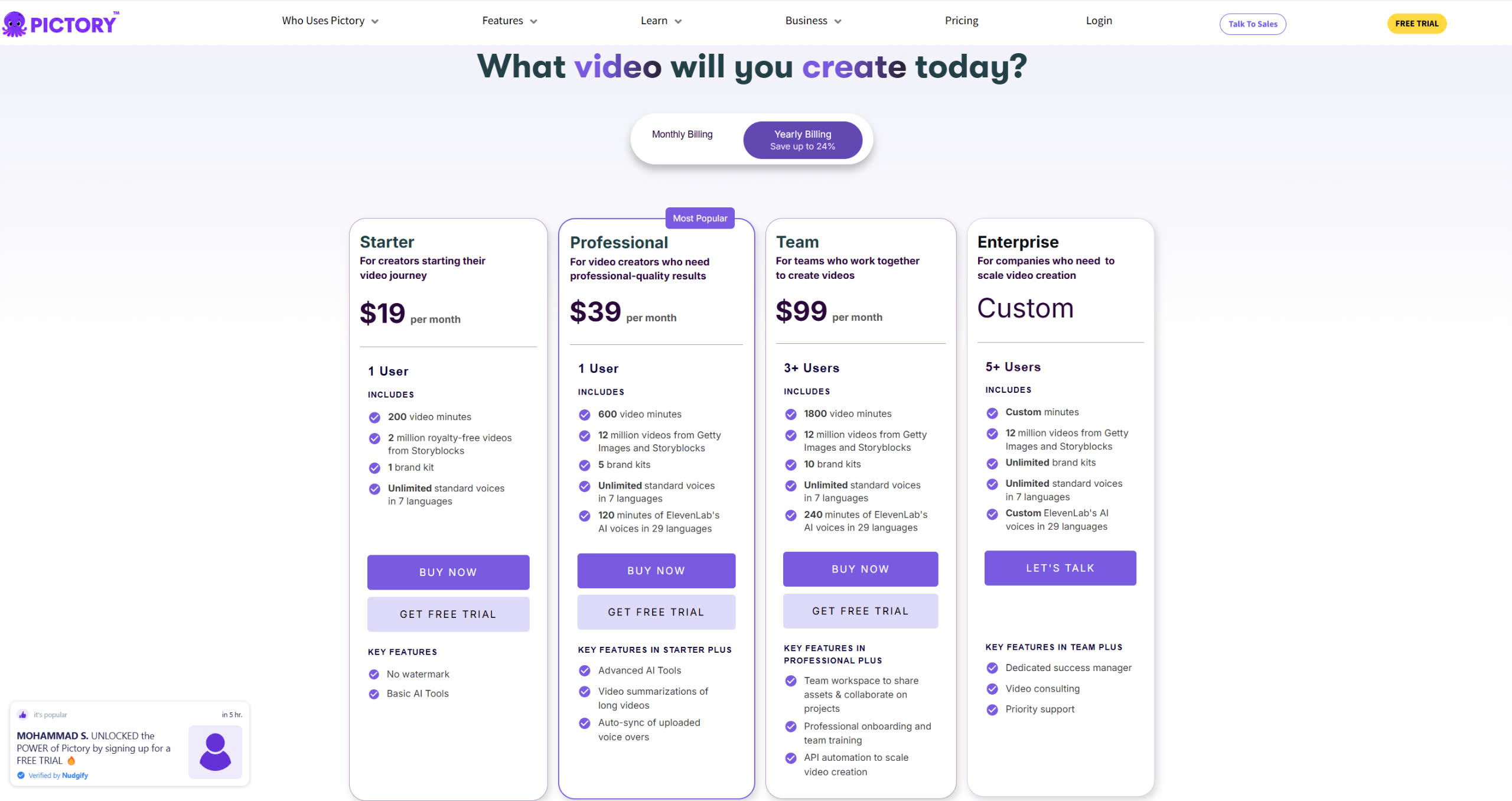 Pictory pricing plans overview