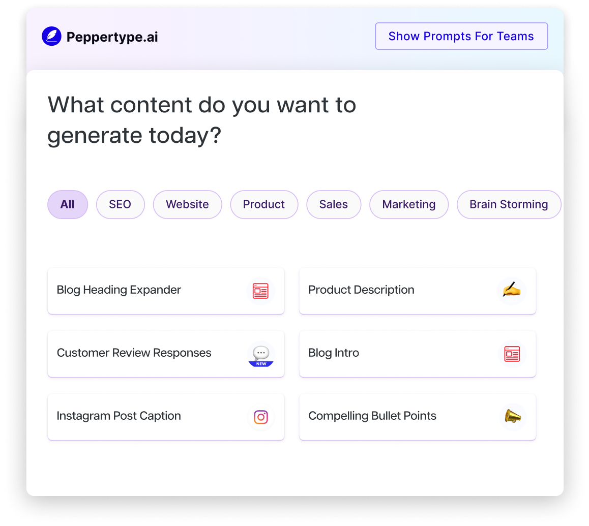 Peppertype.ai template picker asking 'What content do you want to generate today?' with SEO, Website, Product, Sales and Marketing chips