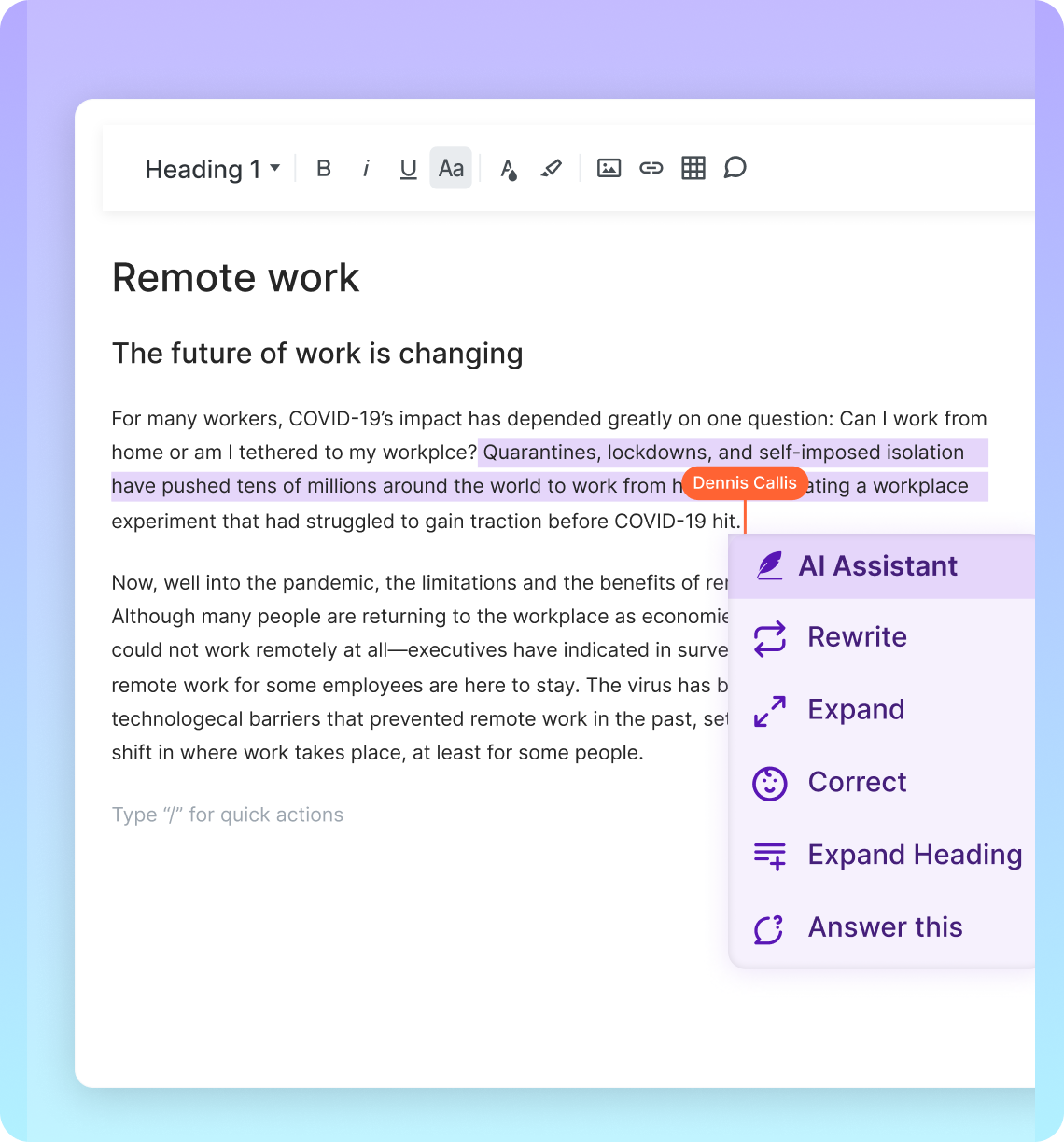 Pepper Docs editor from Pepper CMP, the post-migration product, with an AI Assistant menu offering Rewrite, Expand and Correct
