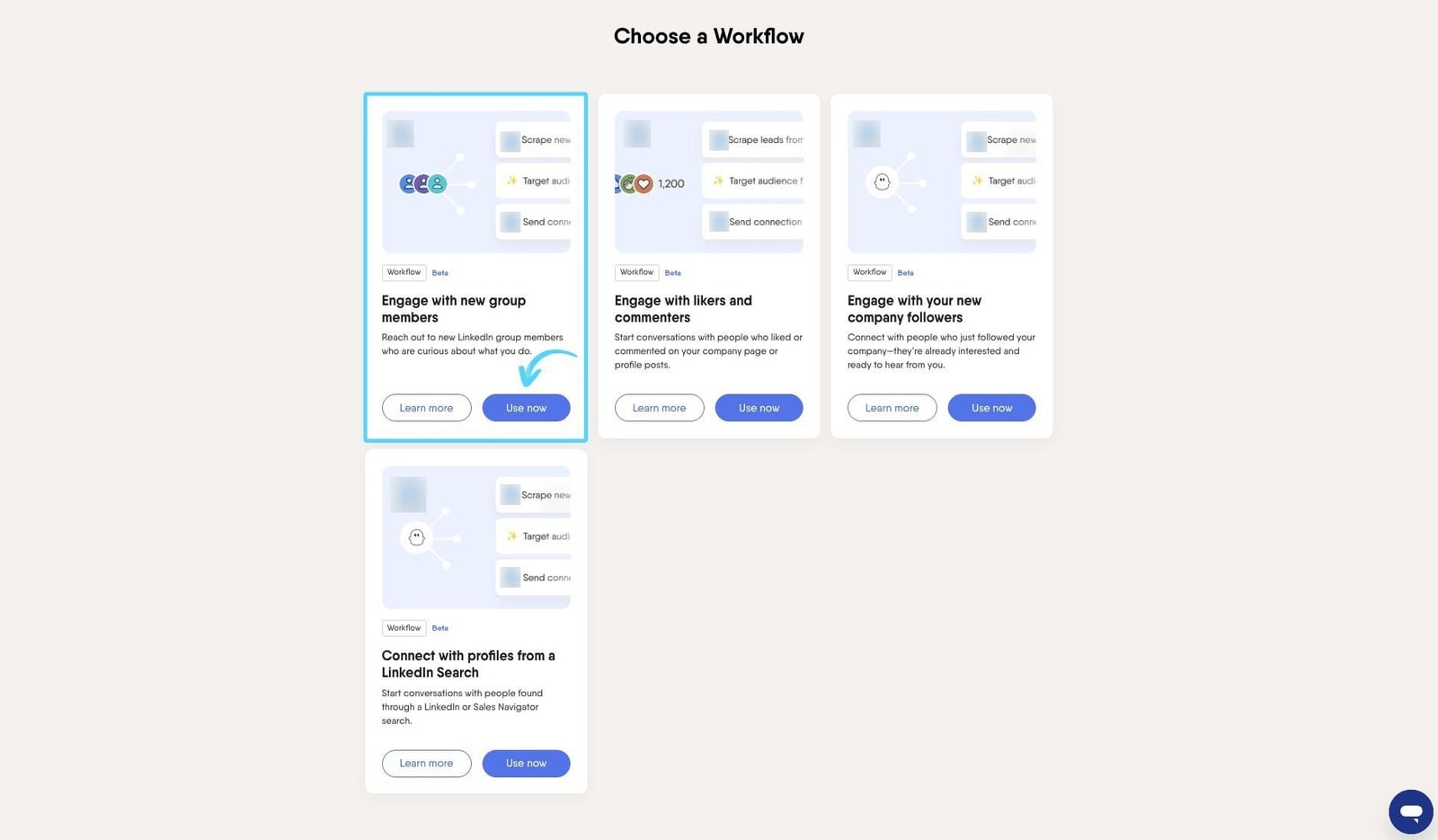 PhantomBuster Choose a Workflow screen with four LinkedIn Workflows, such as engaging new group members and post likers