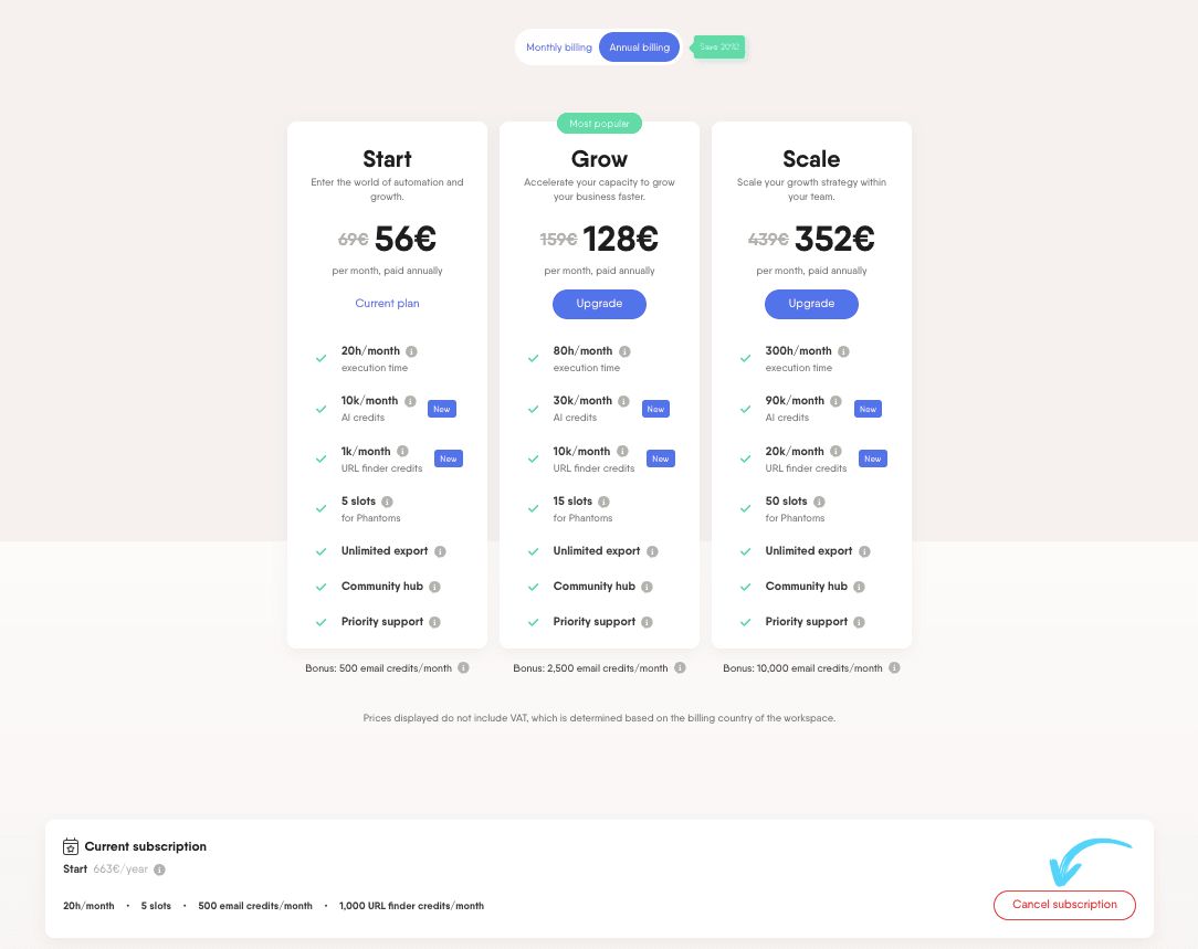 PhantomBuster billing page showing the Start, Grow and Scale plans and the Cancel subscription button