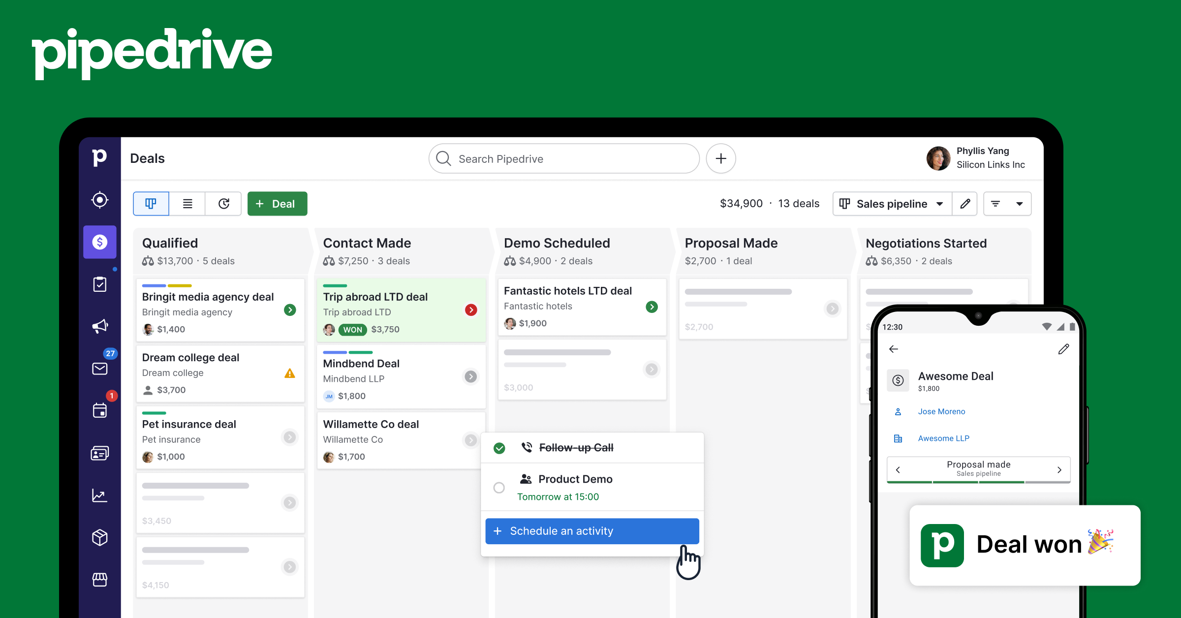 Pipedrive visual sales pipeline with deal cards