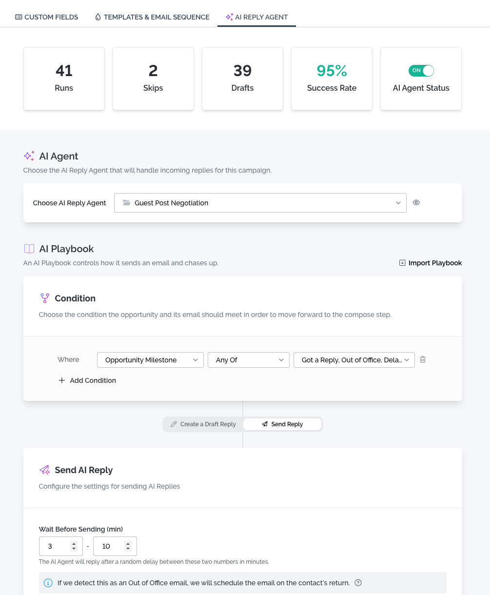 Pitchbox AI Reply Agent settings with a Guest Post Negotiation agent and AI Playbook conditions