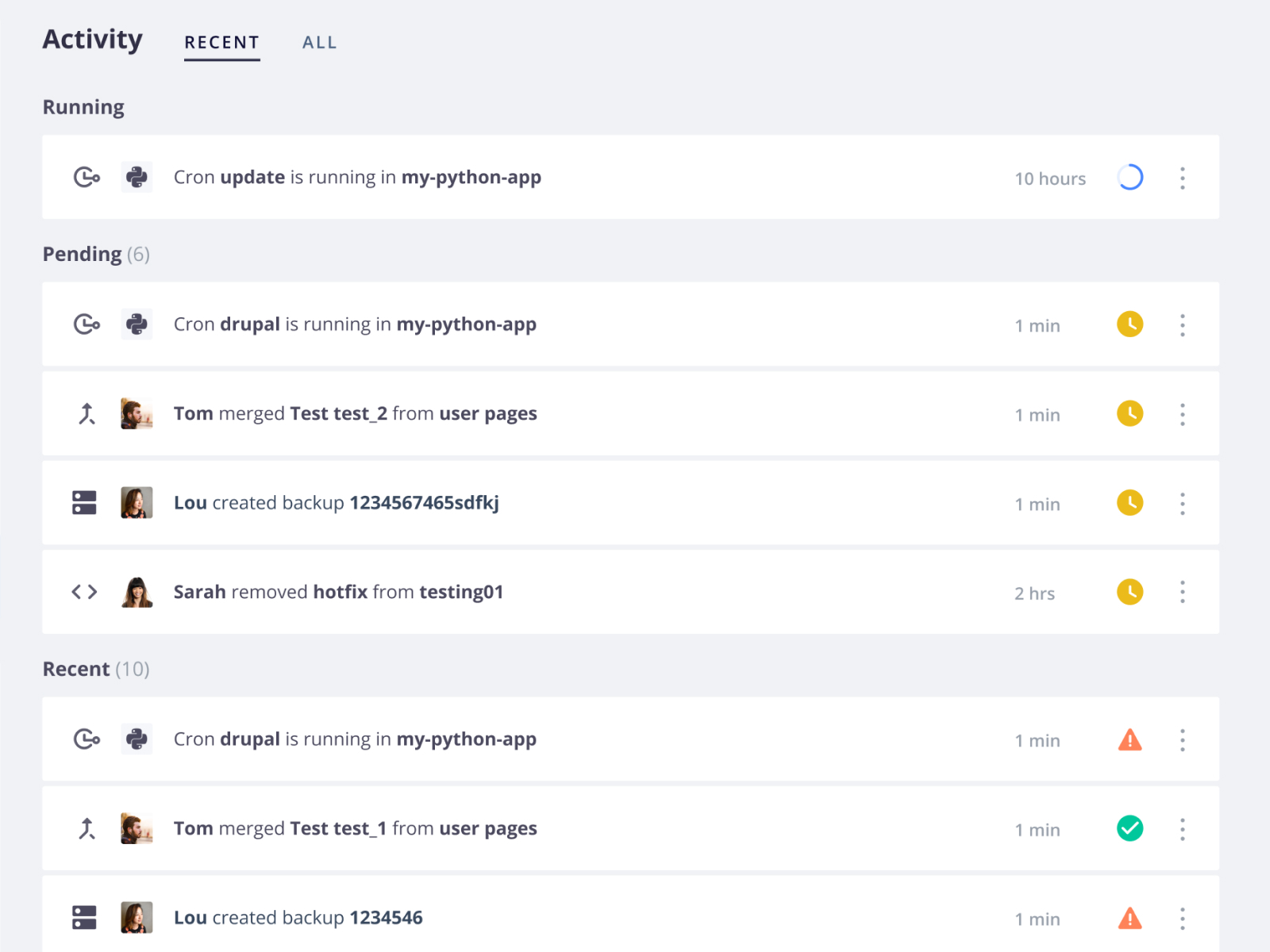 Upsun Fixed activity log listing a running cron, pending merges and a backup created by a team member