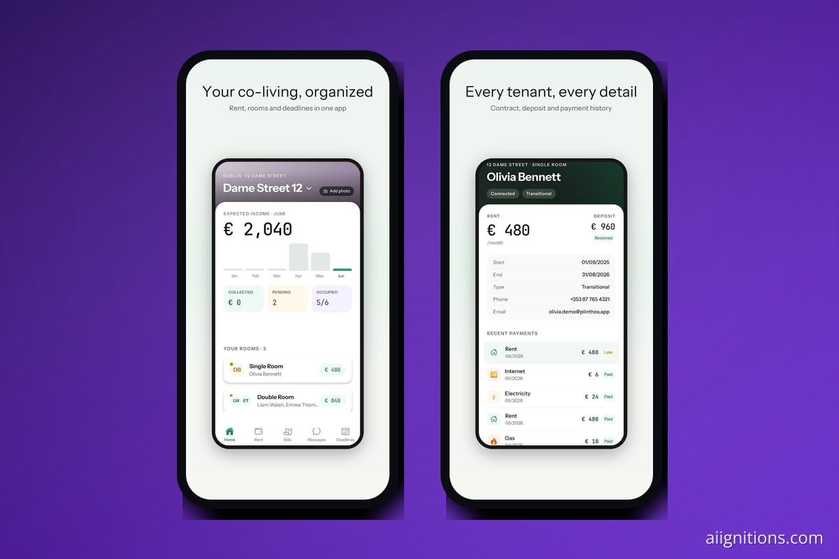 Plinthos landlord account overview beside a free tenant account screen