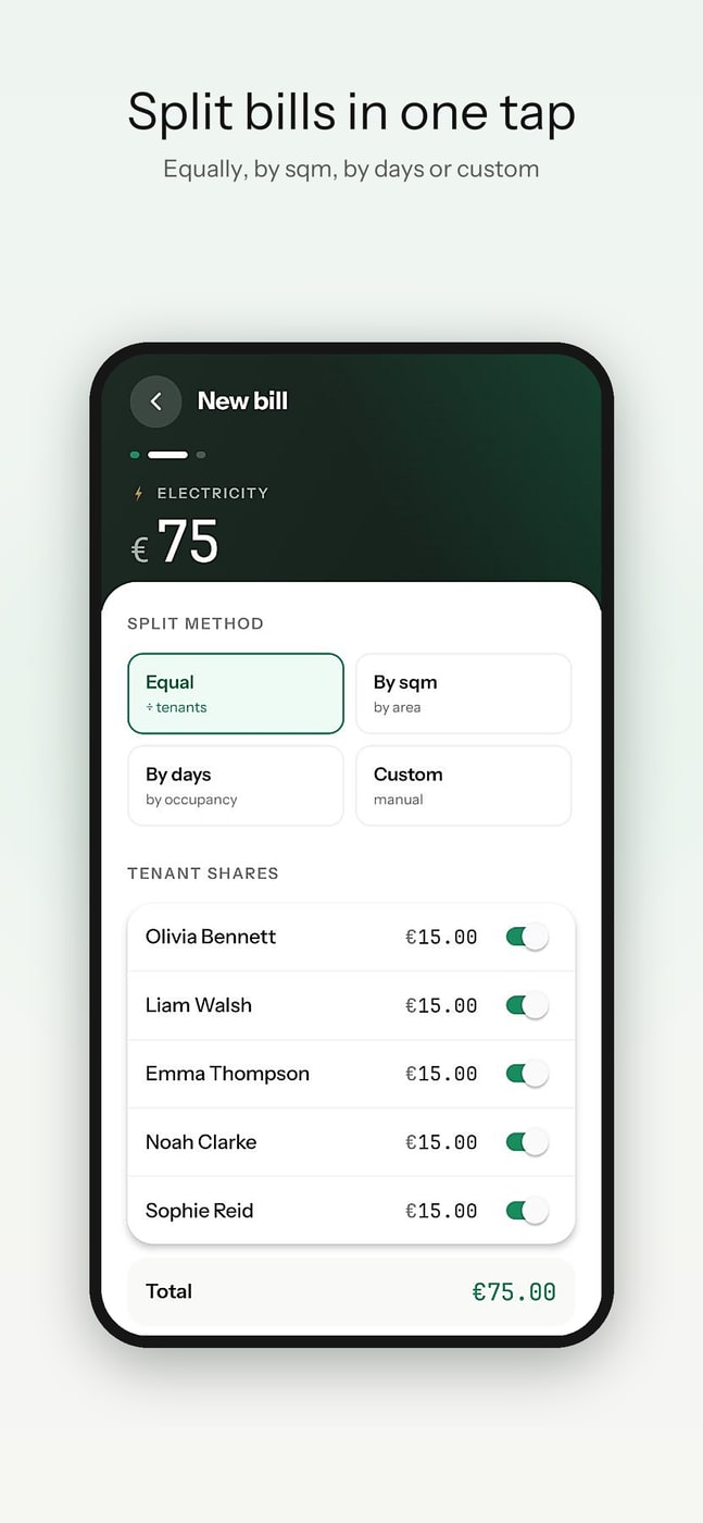 Plinthos utility bill splitting screen with an itemized share for each tenant