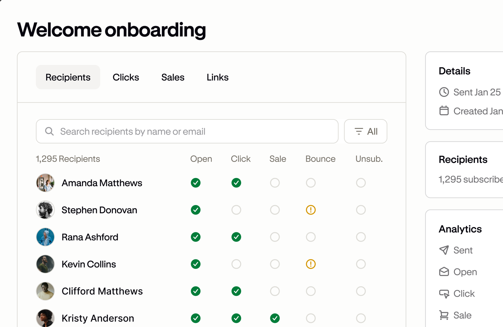 Podia email campaign report with per-recipient open, click, sale and unsubscribe status