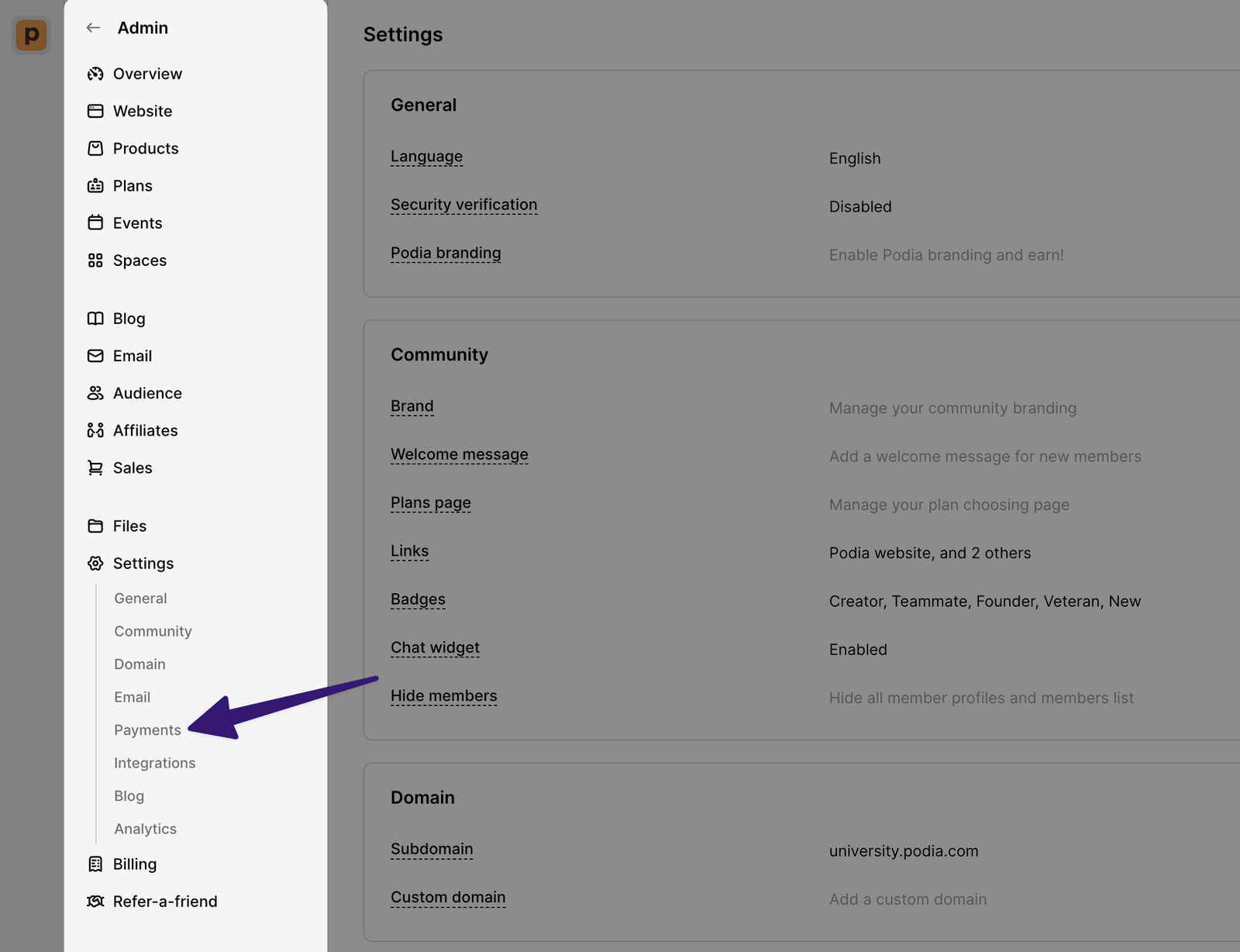 Podia admin Settings, with the Payments item highlighted in the sidebar