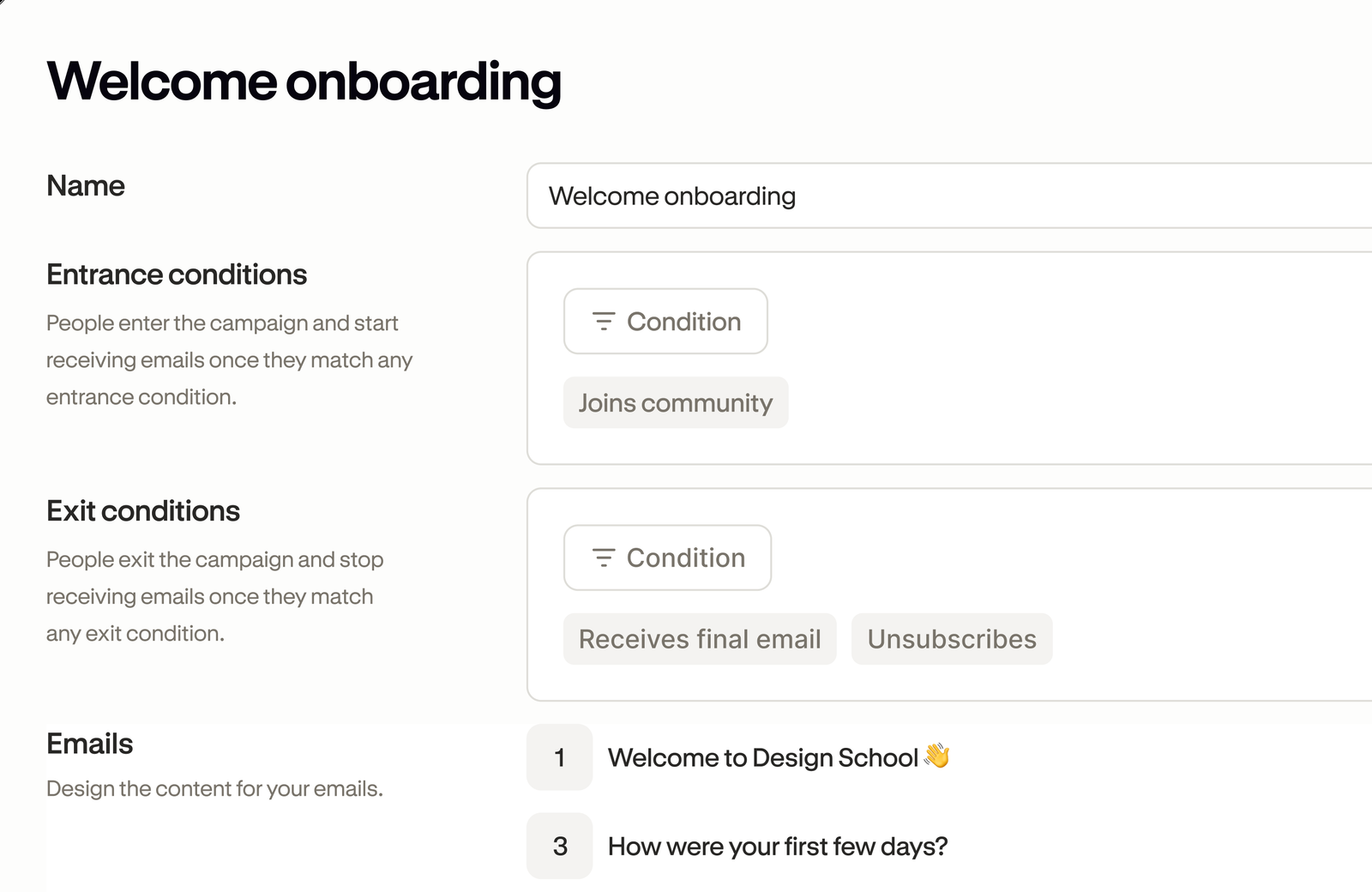 Podia email automation editor with entrance and exit conditions