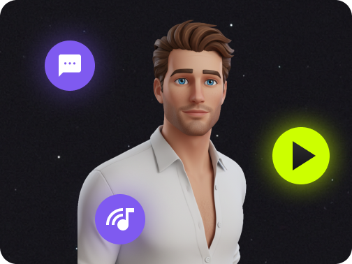 PopVid AI roleplay story builder tile showing a 3D character with chat, voice and play controls