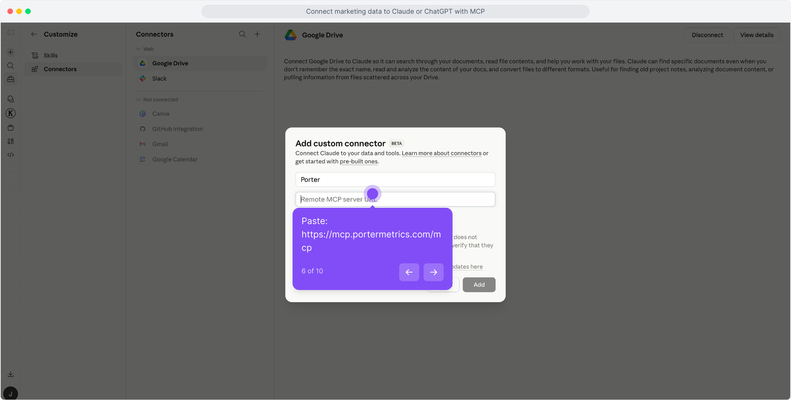 Adding the Porter Metrics MCP server URL as a remote connector in Claude