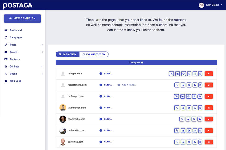 Postaga Opportunity Finder listing backlink and outreach opportunities for a content URL