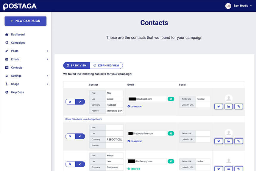 Postaga contacts screen showing revealed email addresses and social profiles for outreach targets