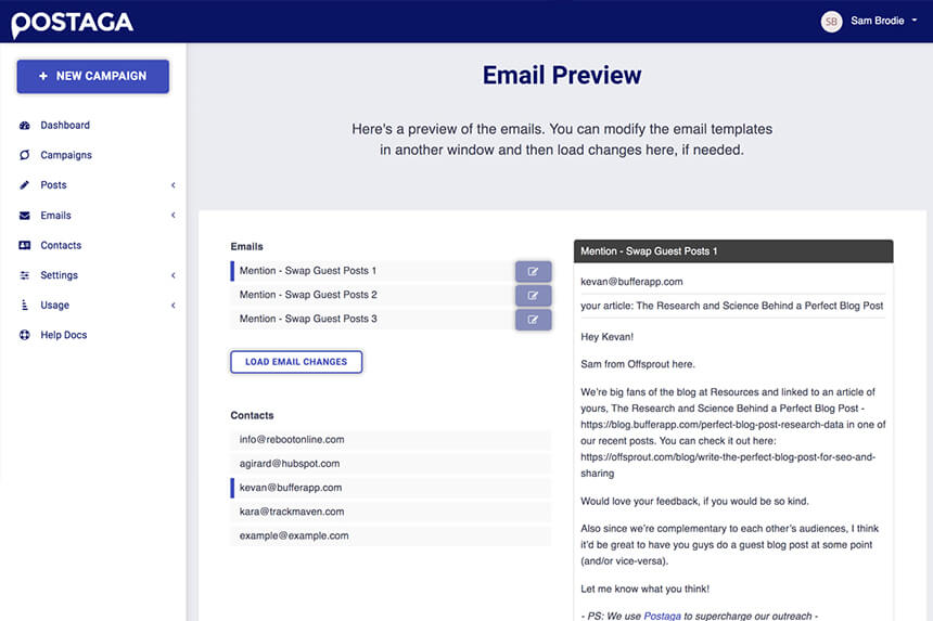 Postaga email composer with merge fields for personalised outreach