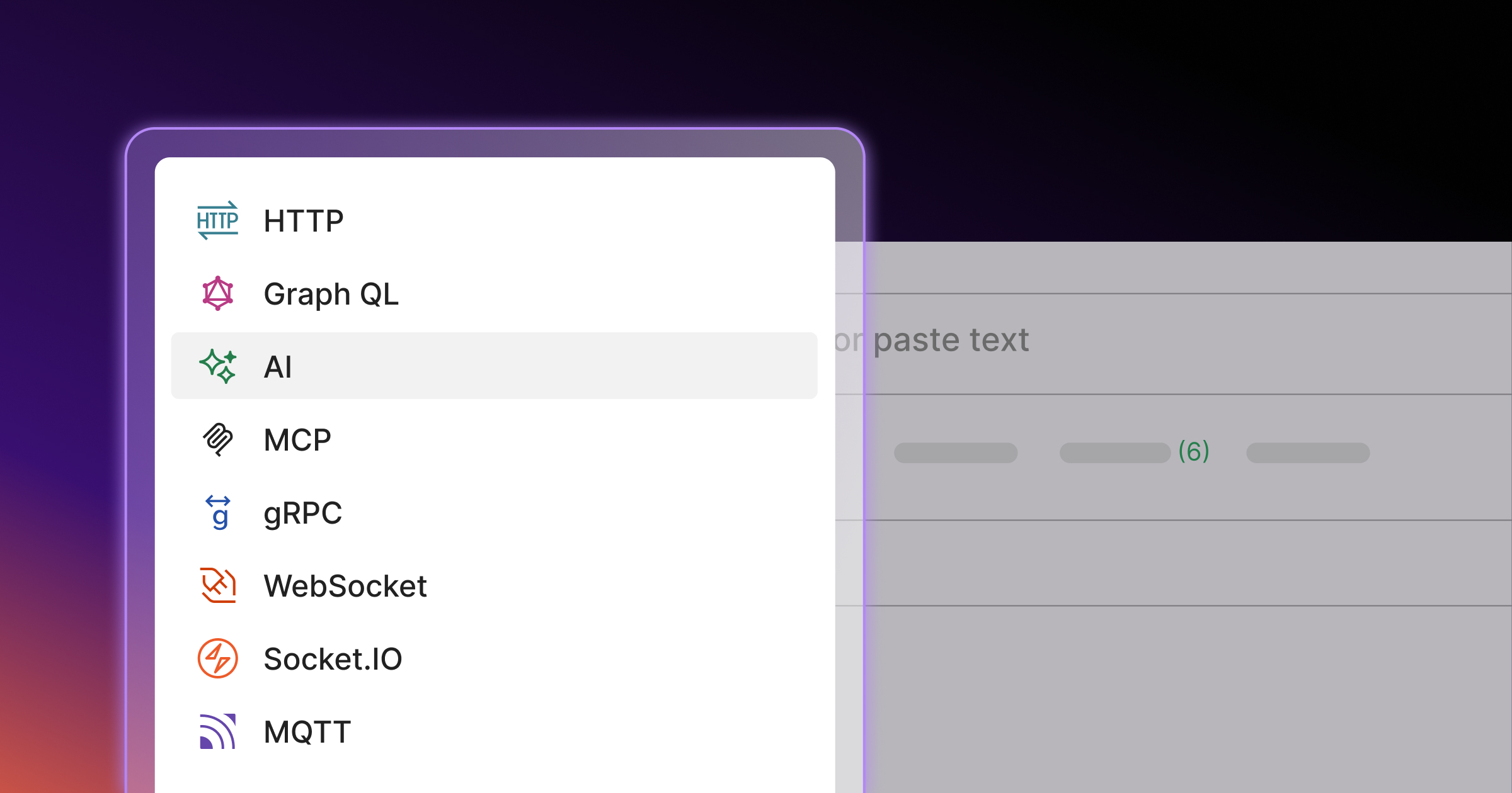 Postman v12 new-request menu listing HTTP, GraphQL, AI, MCP, gRPC, WebSocket, Socket.IO and MQTT