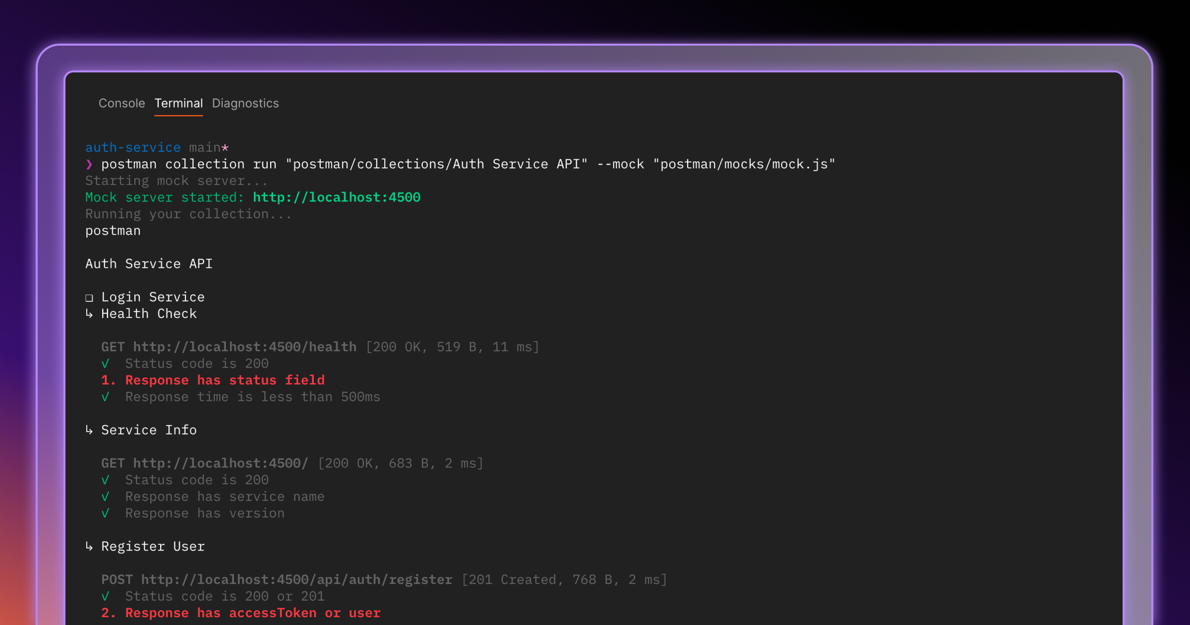 Postman CLI running a collection's tests against a local mock server in a terminal