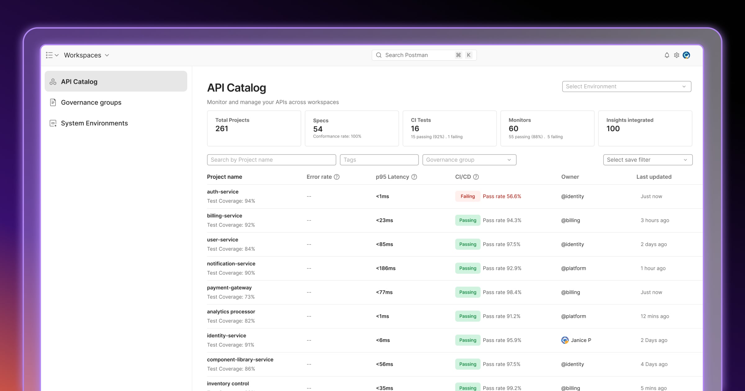 Postman API Catalog listing an organisation's services with owners, latency and CI test pass rates