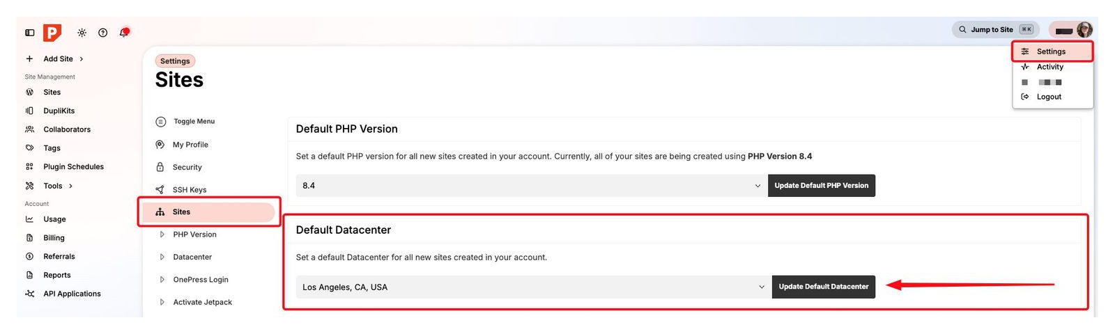 MyPressable Settings screen with the Default PHP Version set to 8.4 and the Default Datacenter set to Los Angeles